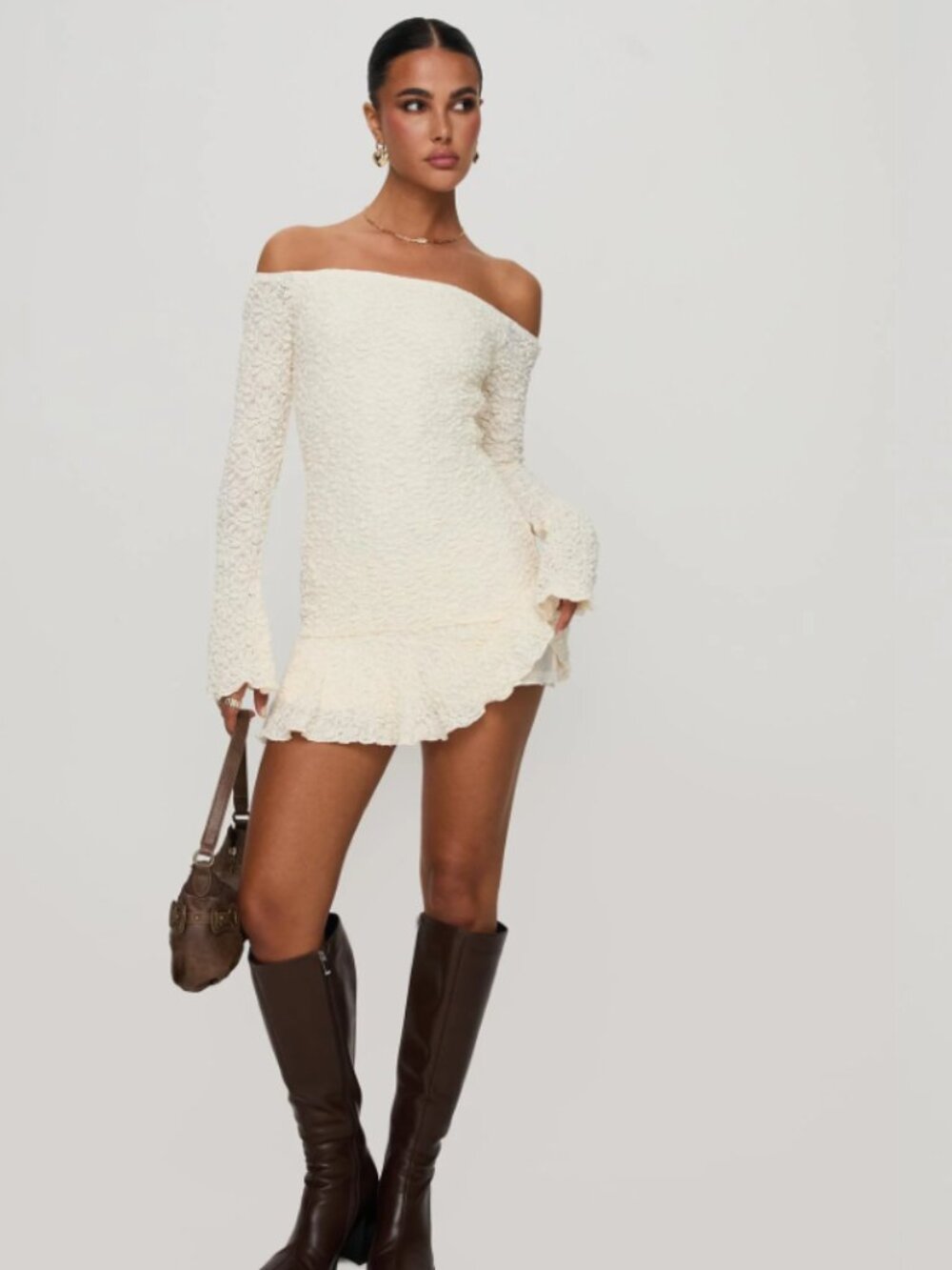 NWT Princess Polly Vancesca Off Shoulder Long Sleeve Mini Dress Cream